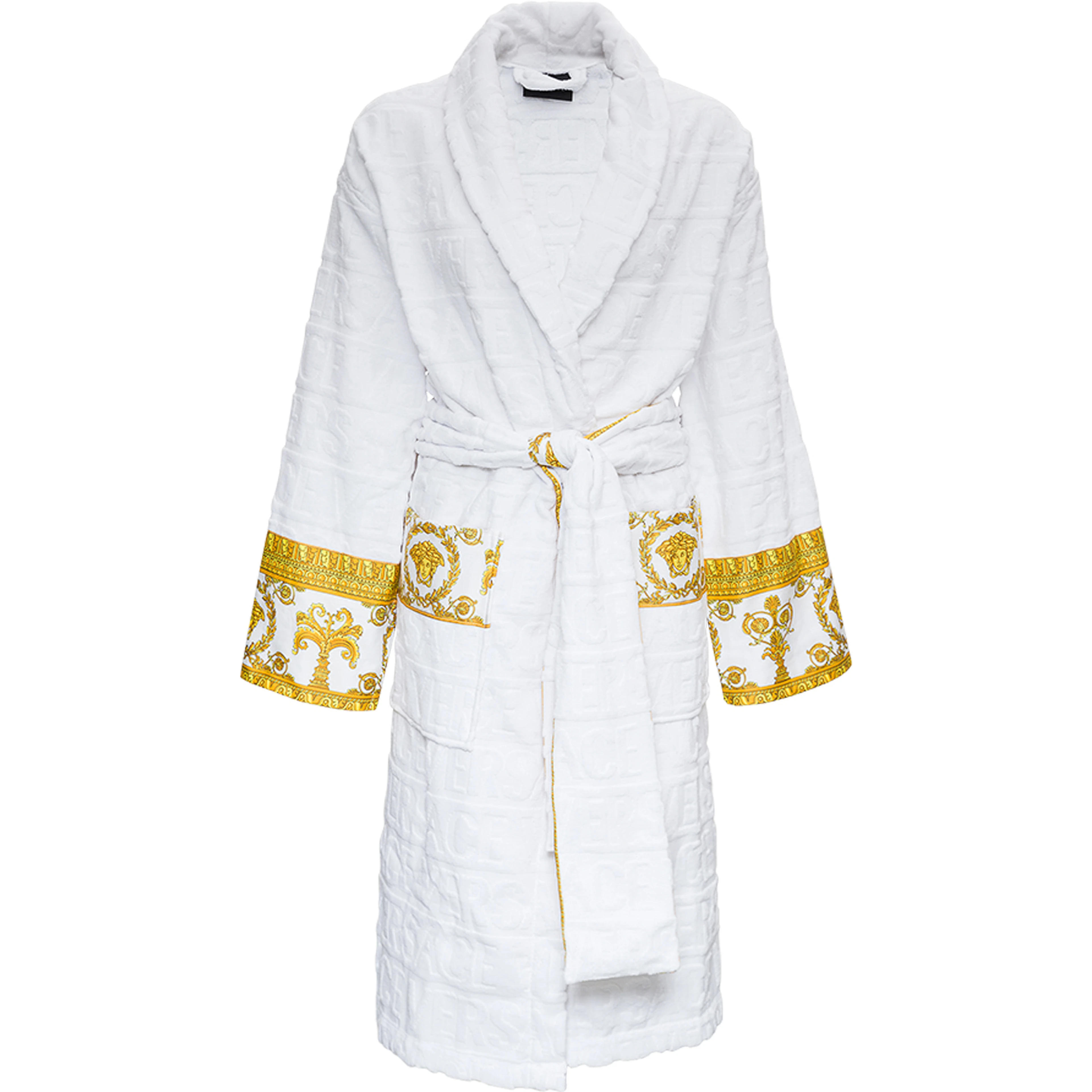 White Bathrobe with Baroque Pattern in Terry Cotton