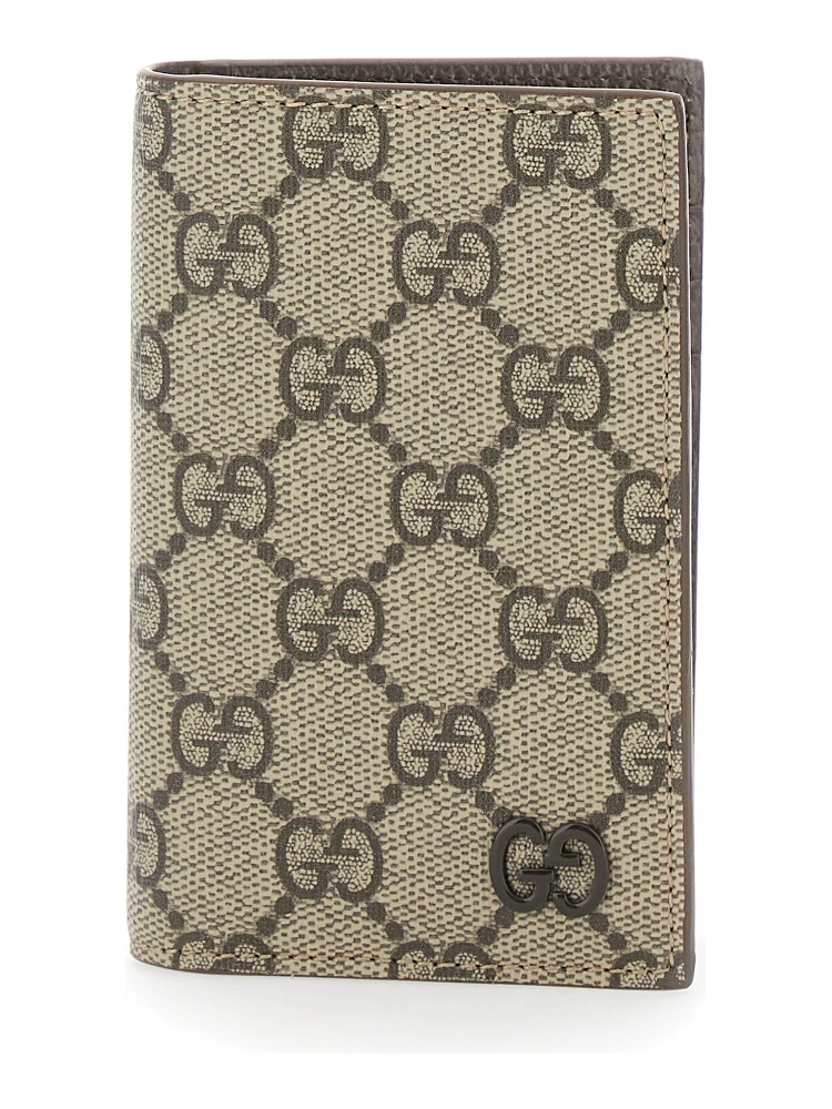Beige Card Holder with All-Over GG Motif and Logo on the Front in Fabric Man