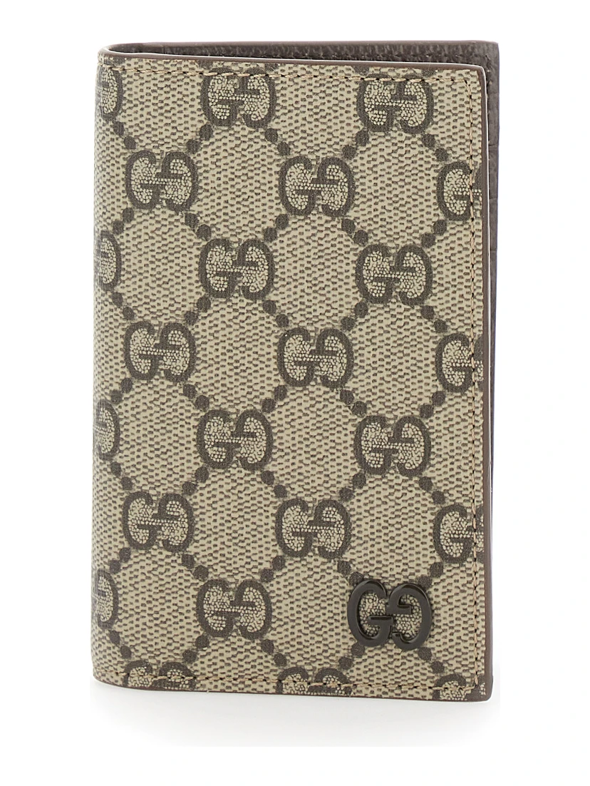 Beige Card Holder with All-Over GG Motif and Logo on the Front in Fabric Man