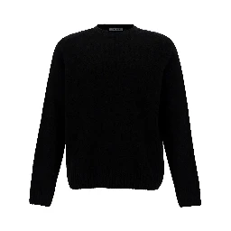 Black Crewneck Sweater with Ribbed Trims in Alpaca and Wool Woman