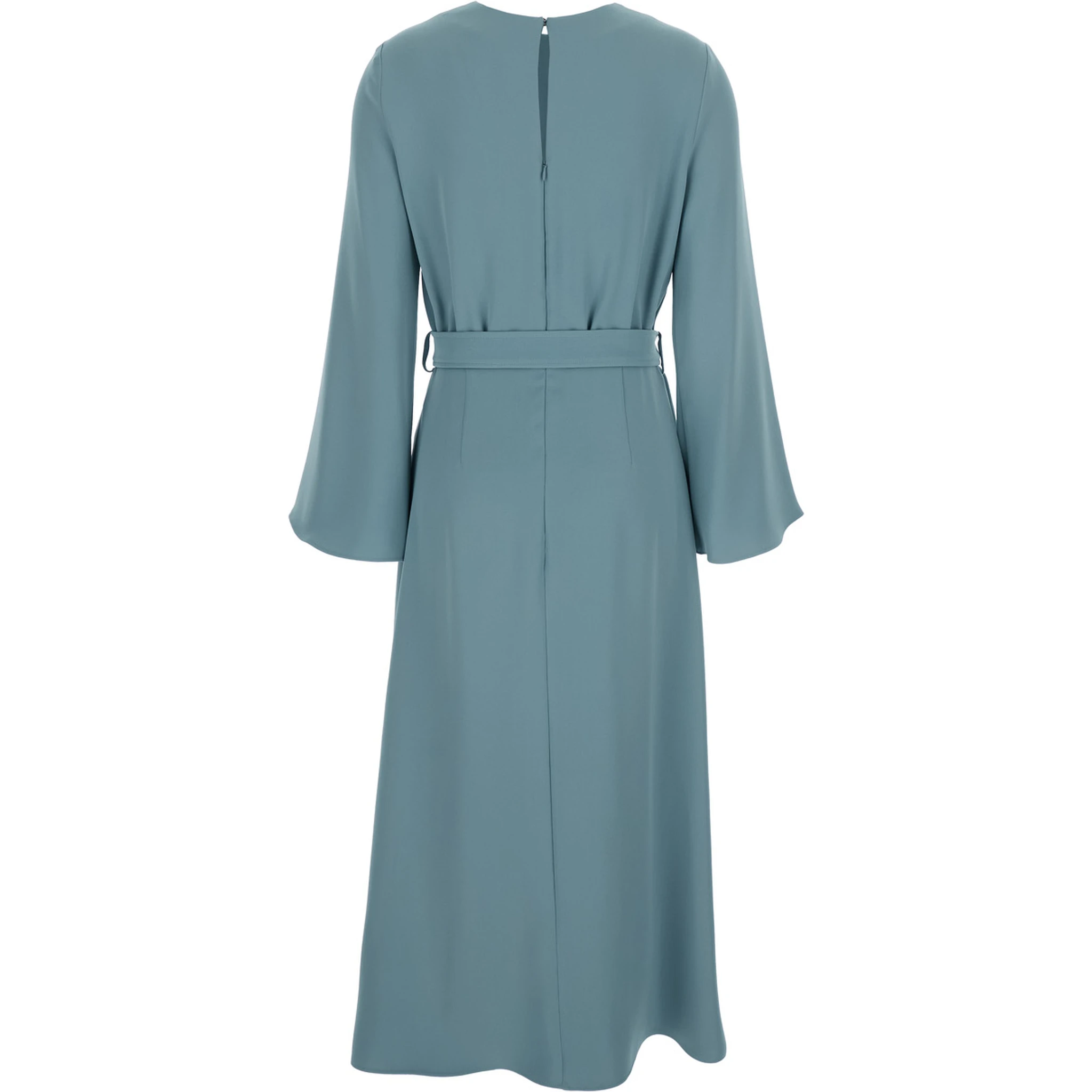 Blue Long Dresses with Round Neckline and Waistband in Cady Fabric Woman