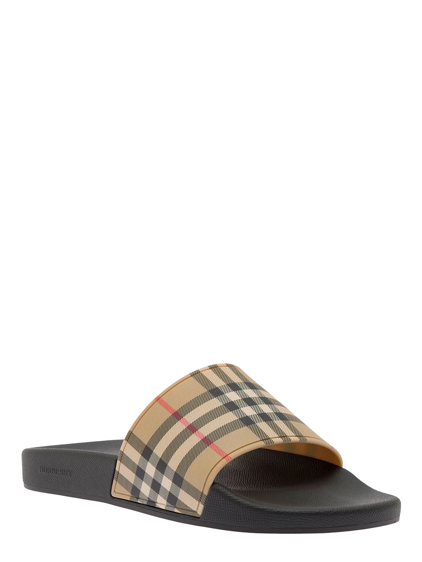 Beige Vintage Check Print Slides Man
