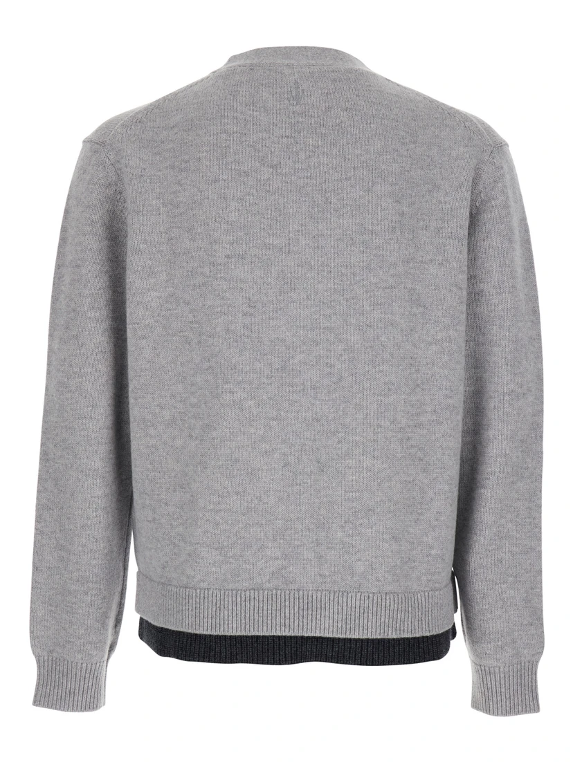 Grey Cardigan with V-Neck and Layered Design in Fabric Man