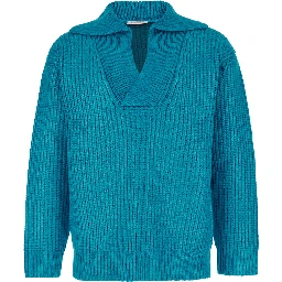 كنزة صوفية زرقاء فاتحة بياقة على شكل حرف V مصنوعة من مزيج الحرير للرجال