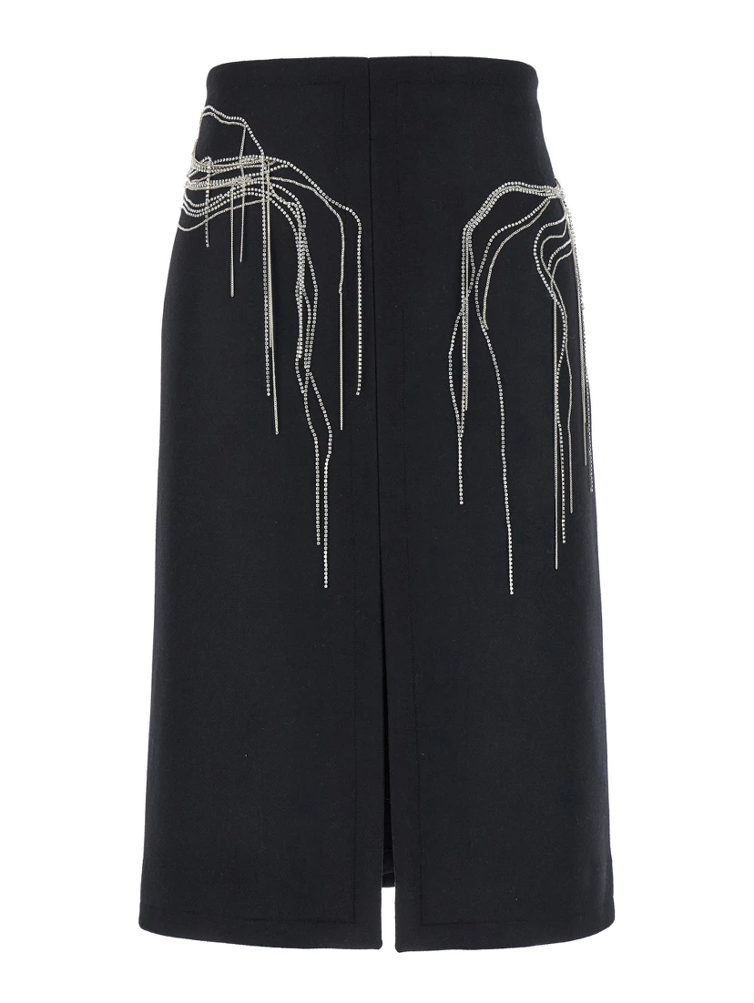 Shelda Black Midi Skirt with Maxi Beaded Embellishments in Wool Blend Woman