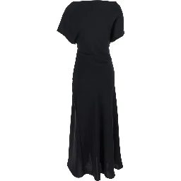 Black Long Dress with Square Neckline and Short Sleeves in Tech Fabric Woman