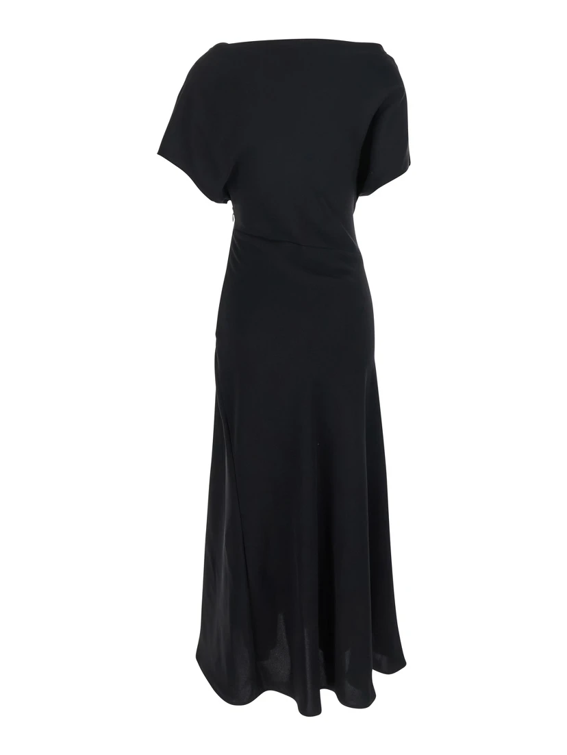 Black Long Dress with Square Neckline and Short Sleeves in Tech Fabric Woman