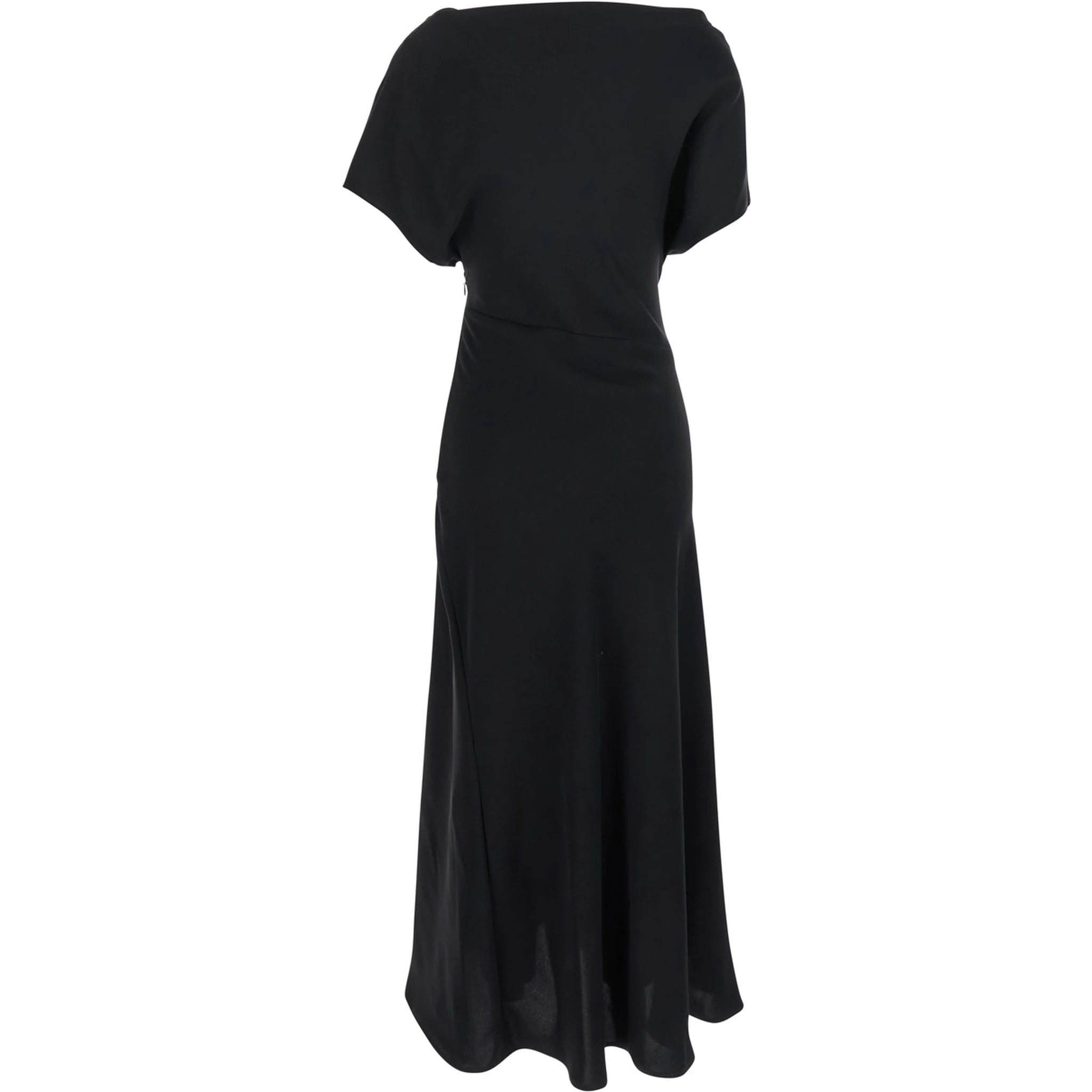 Black Long Dress with Square Neckline and Short Sleeves in Tech Fabric Woman