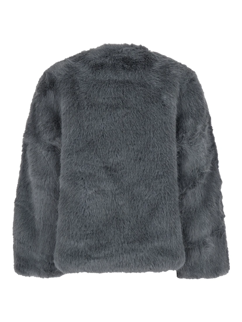Grey Fur Jacket with High Neck and Concealed Front Closure in Ecofur Woman