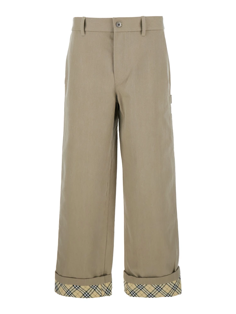 Beige Pants with Logo Embroidery on the Side and Turn-Up Checked Hem in Cotton Man