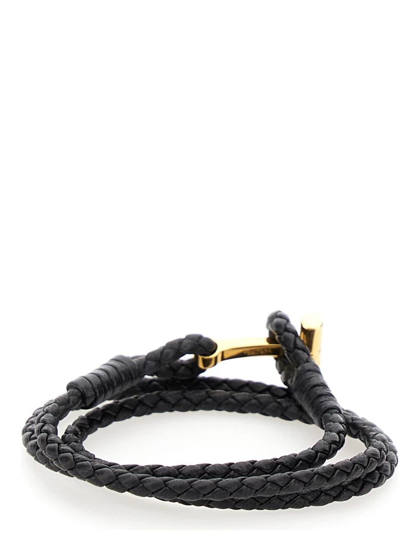 Black Bracelet with T Detail in Braided Leather Man