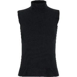 Black Sleeveless Top with Ribbed Trim in Wool Woman