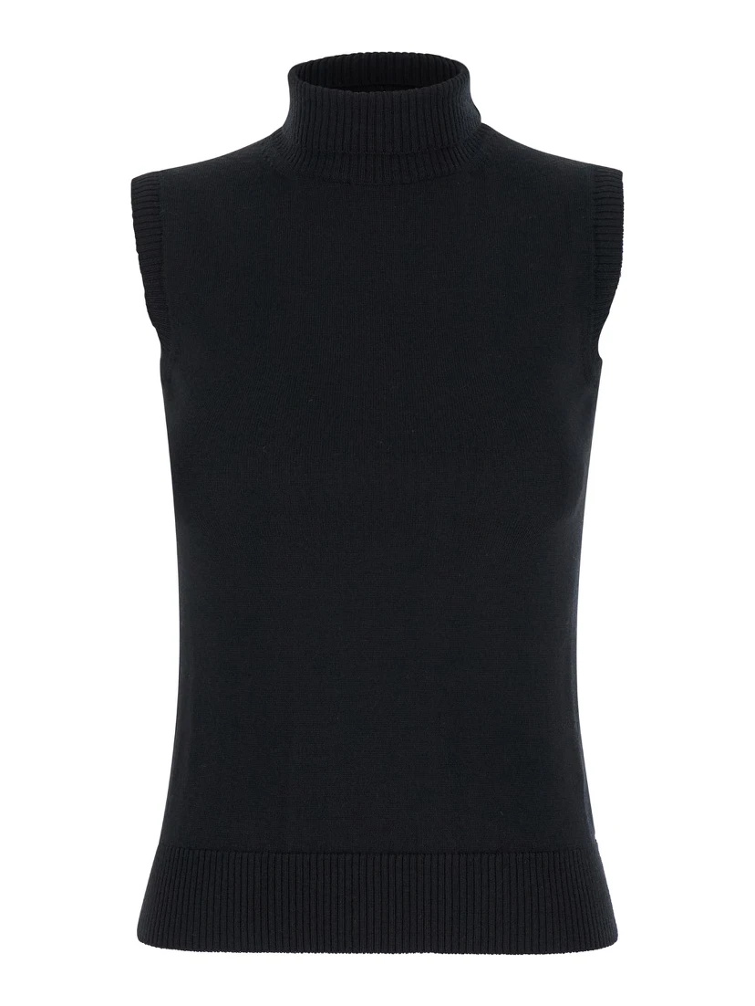 Black Sleeveless Top with Ribbed Trim in Wool Woman