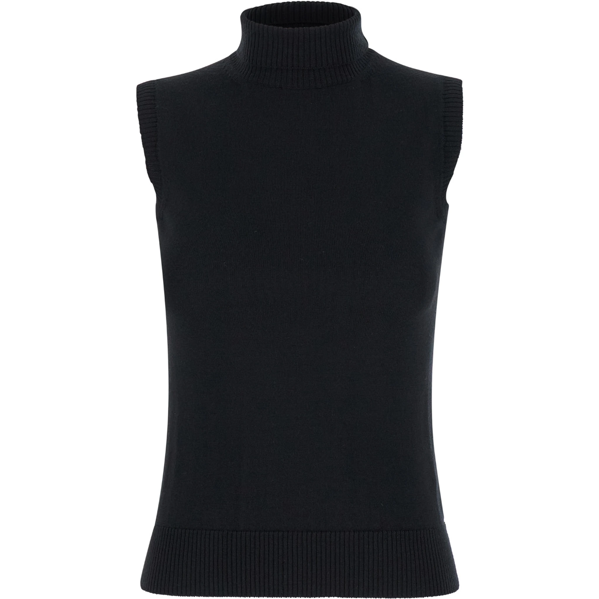 Black Sleeveless Top with Ribbed Trim in Wool Woman