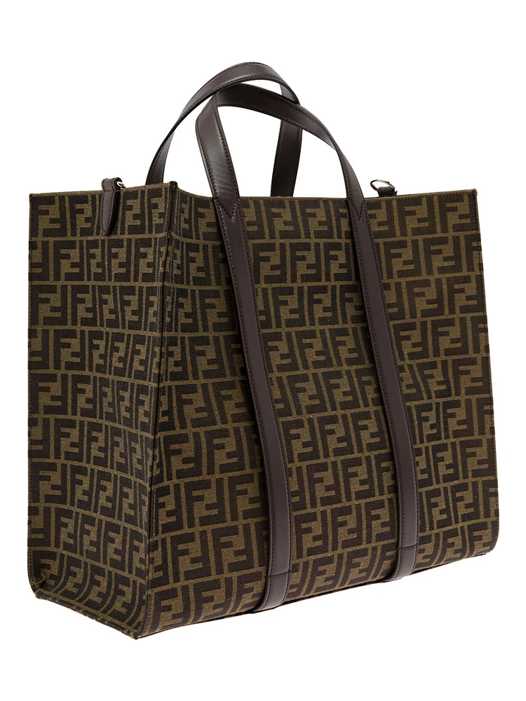 Brown and Beige FF Jacquard Fabric Tote Bag in Cotton Blend Man alternative