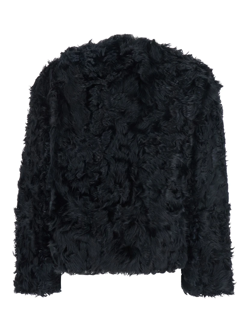 Black Collarless Fur Jacket with Front Toggle Closure in Fur Woman