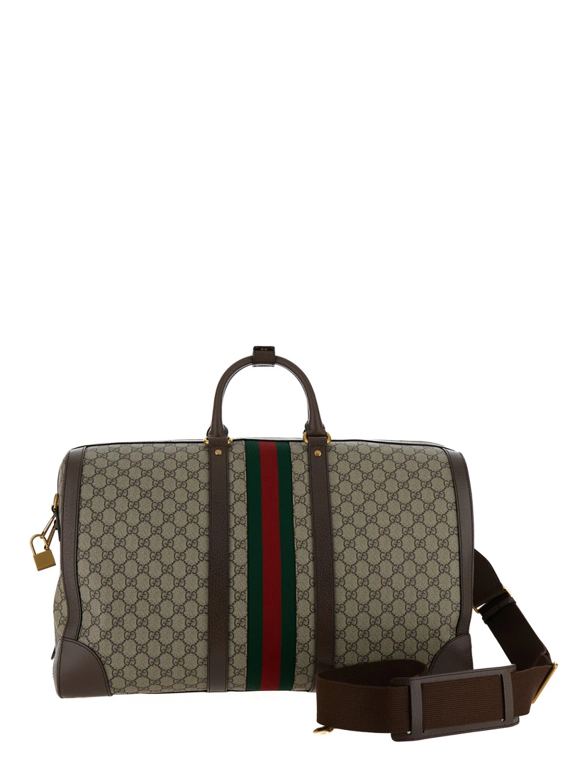 Gucci Savoy Big Beige and Ebony Travel Duffle Bag with Web Detail in GG Supreme Canvas Man