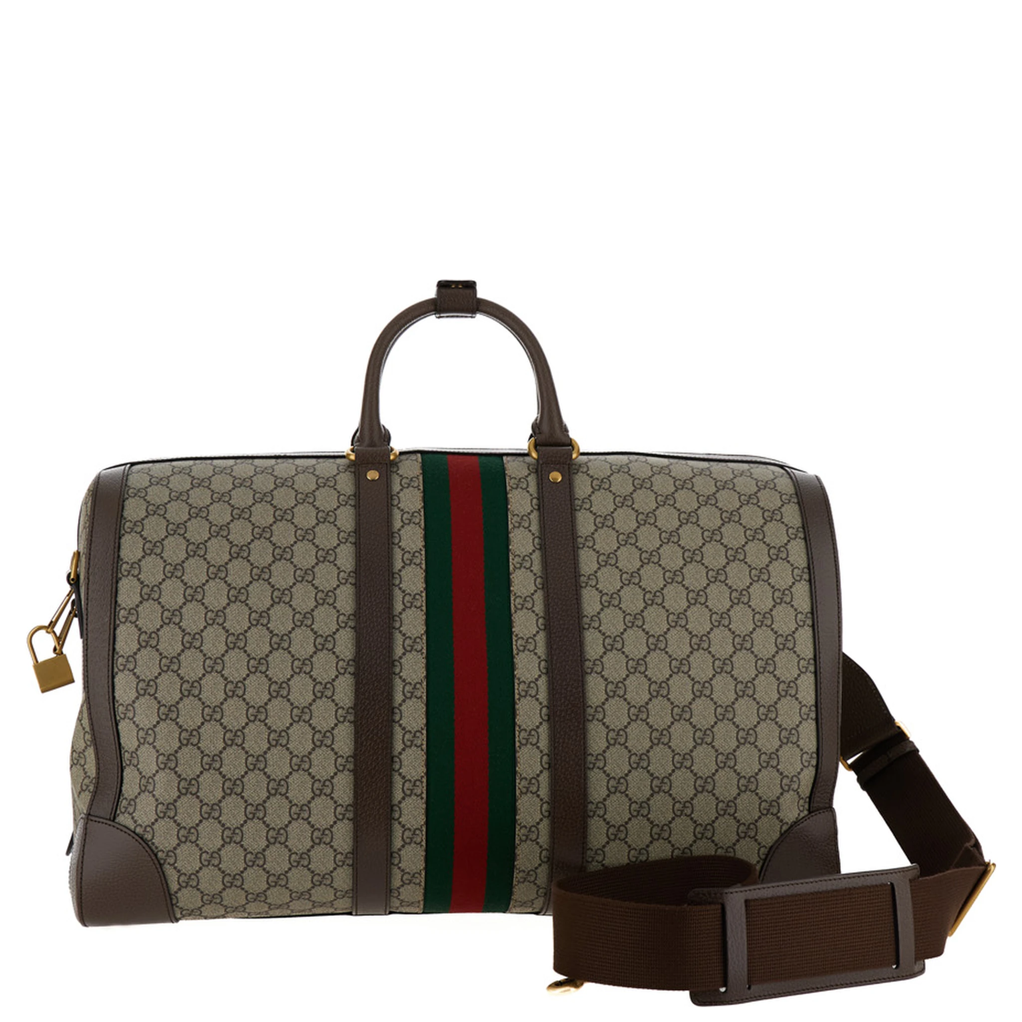 Gucci Savoy Big Beige and Ebony Travel Duffle Bag with Web Detail in GG Supreme Canvas Man