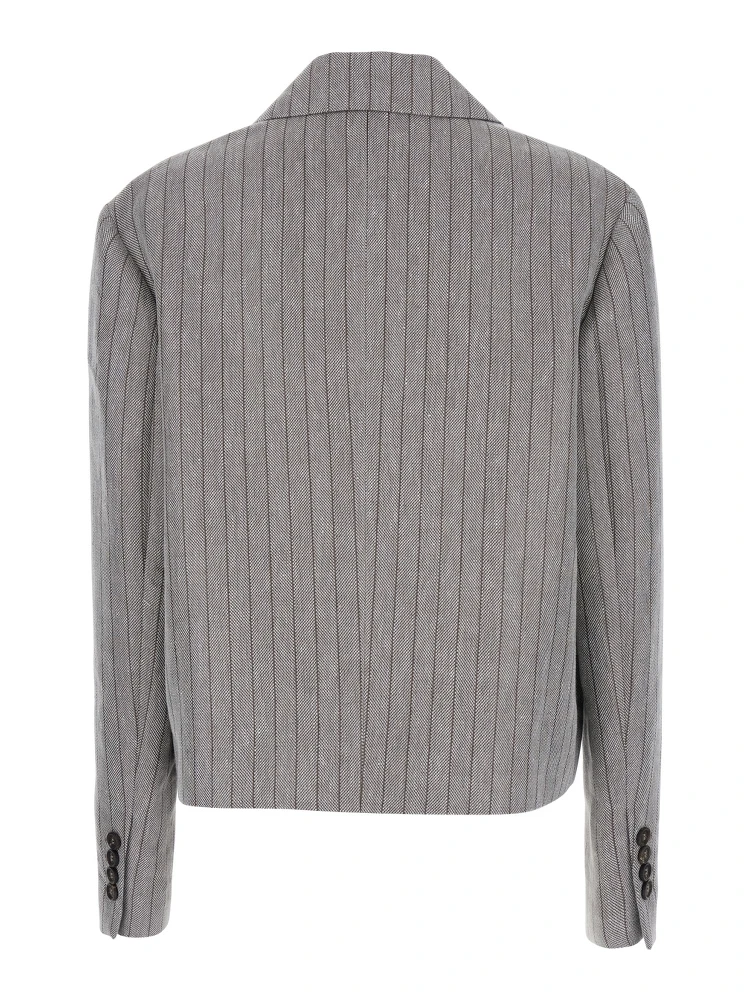 Grey Jacket with Notched Revers and All-Over Striped Motif in Linen Blend Woman alternative