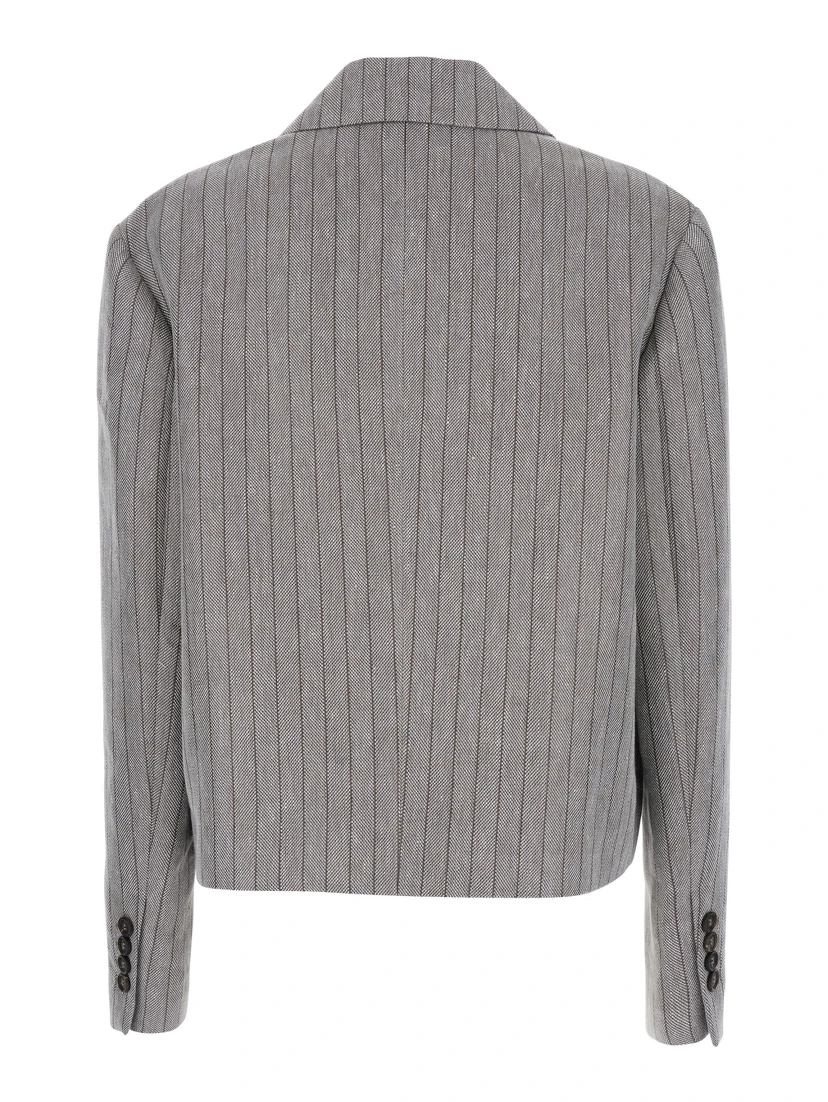 Grey Jacket with Notched Revers and All-Over Striped Motif in Linen Blend Woman