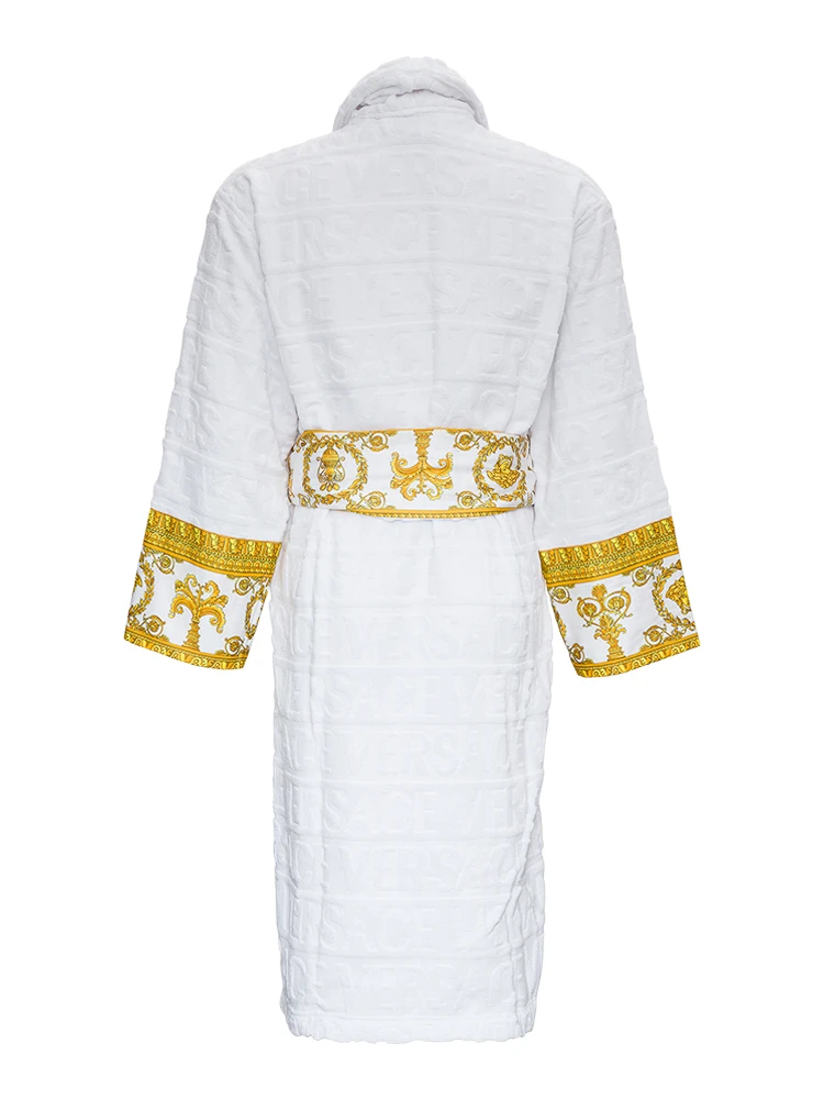 White Bathrobe with Baroque Pattern in Terry Cotton alternative