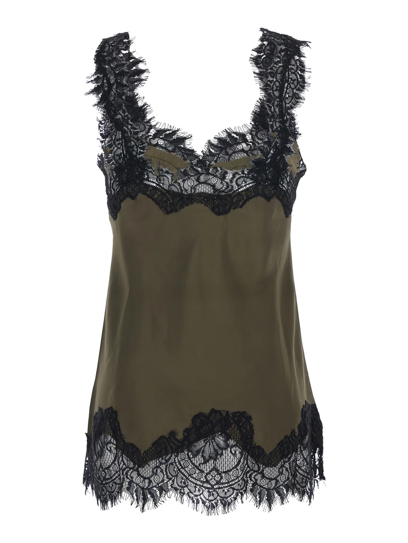 Megan Green Sleeveless Top with Lace Details in Silk Woman