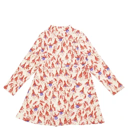 Red Dress with Round Neck and All-Over Floral Motif in Cotton Stretch Girl