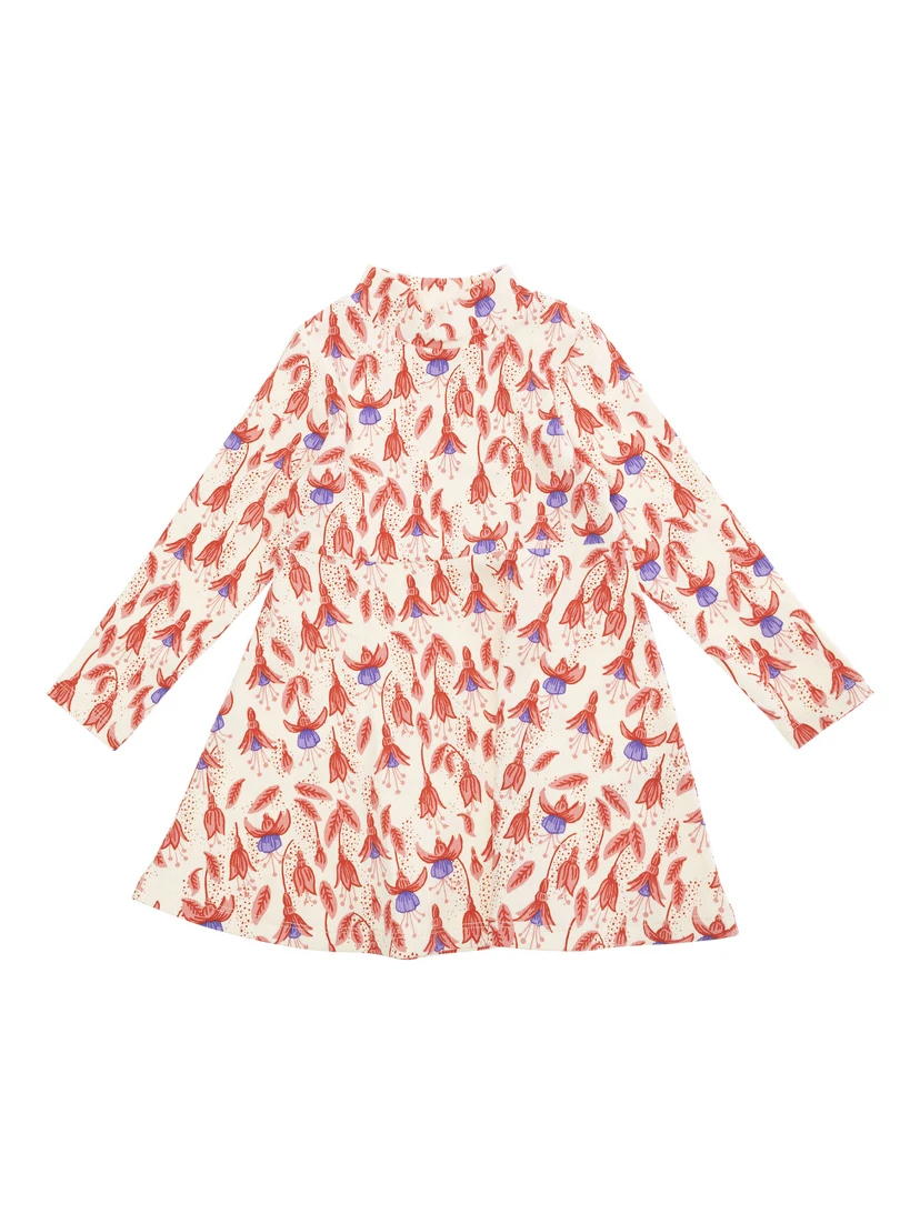 Red Dress with Round Neck and All-Over Floral Motif in Cotton Stretch Baby