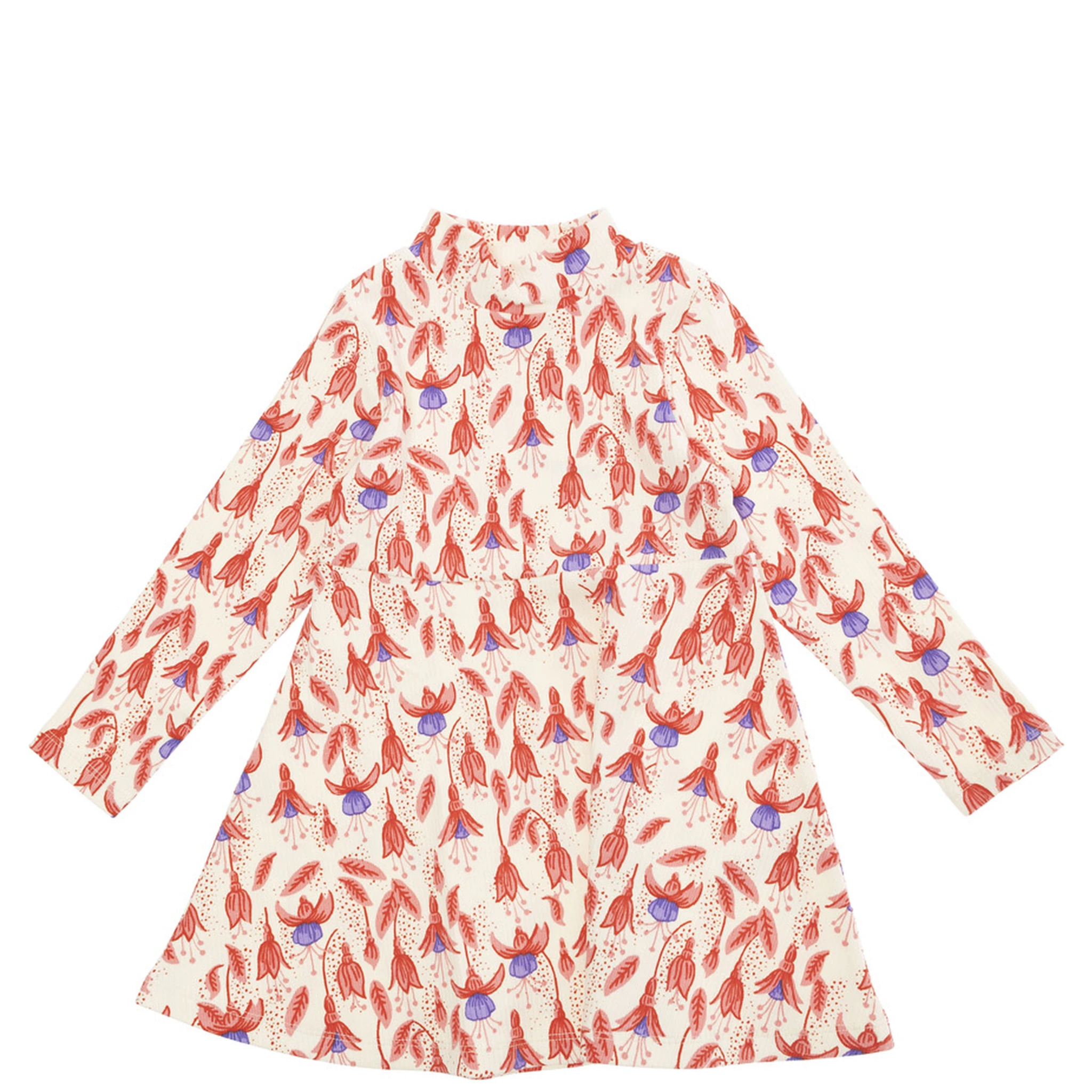 Red Dress with Round Neck and All-Over Floral Motif in Cotton Stretch Baby