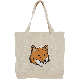 White Tote Bag with Fox Head Patch in Cotton Canvas Woman