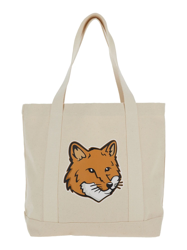 White Tote Bag with Fox Head Patch in Cotton Canvas Woman