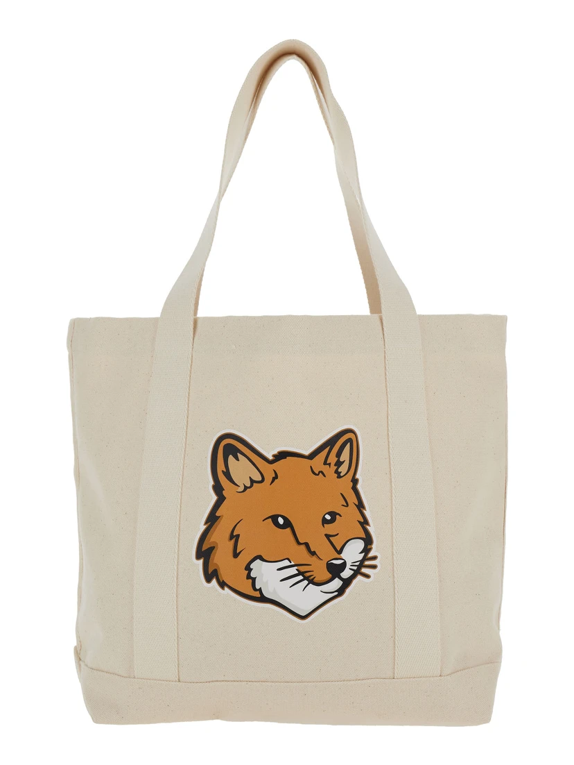 White Tote Bag with Fox Head Patch in Cotton Canvas Woman