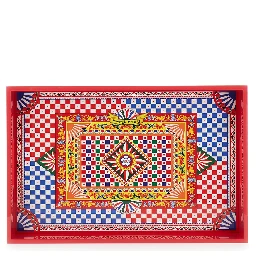 Multicolor Rectangular Tray with Carretto Siciliano Print in Lacquered Wood