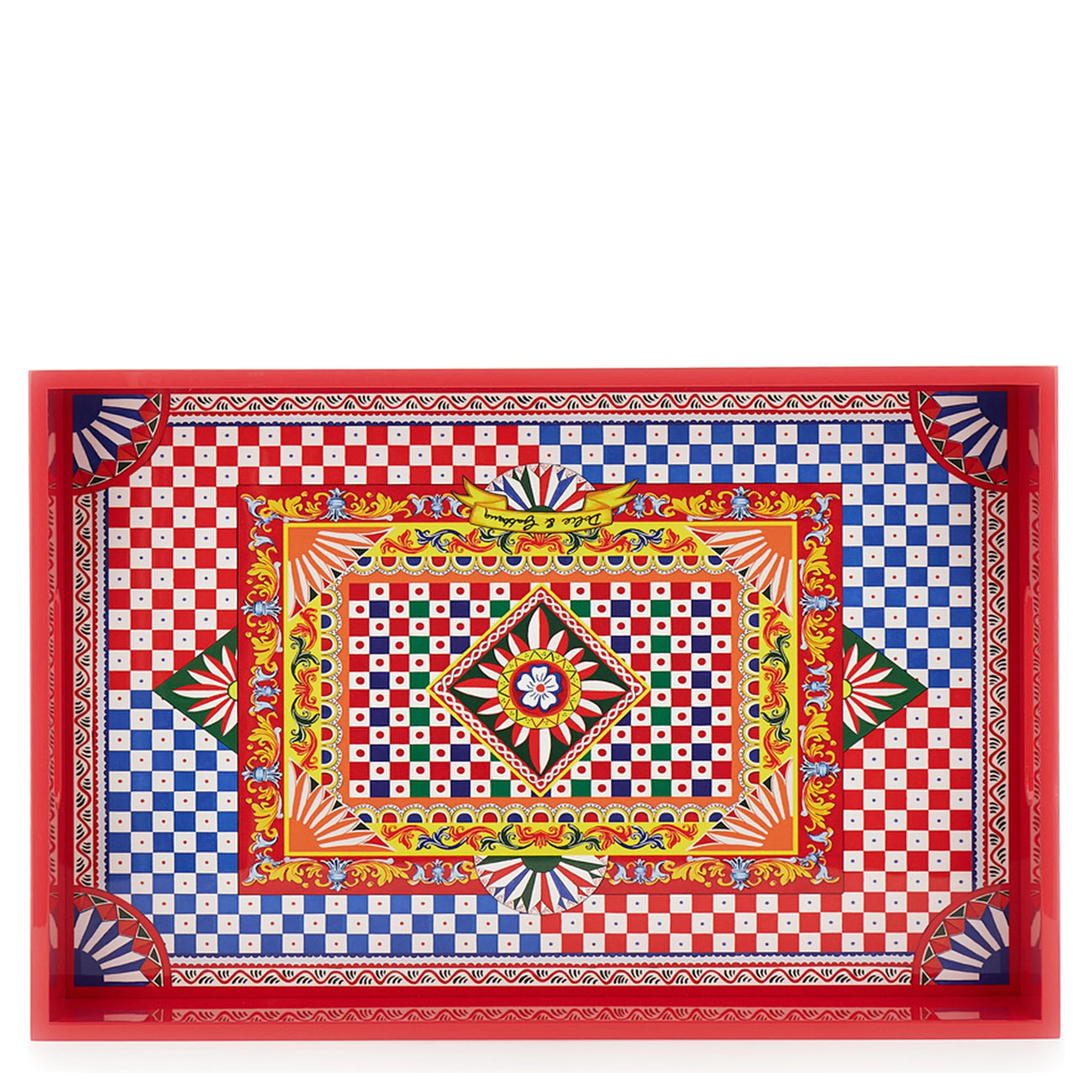 Multicolor Rectangular Tray with Carretto Siciliano Print in Lacquered Wood