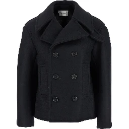 Black Double-Breasted Coat with Classic Wide Revers in Wool Woman