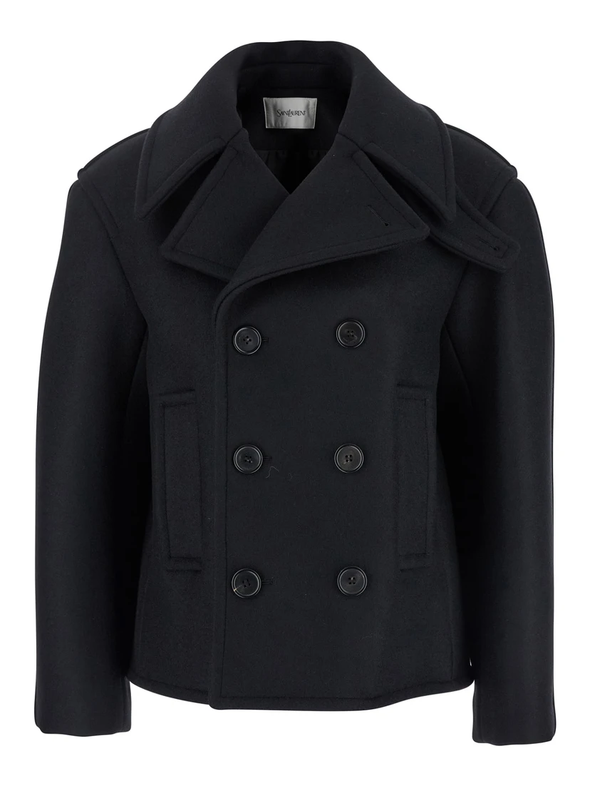 Black Double-Breasted Coat with Classic Wide Revers in Wool Woman