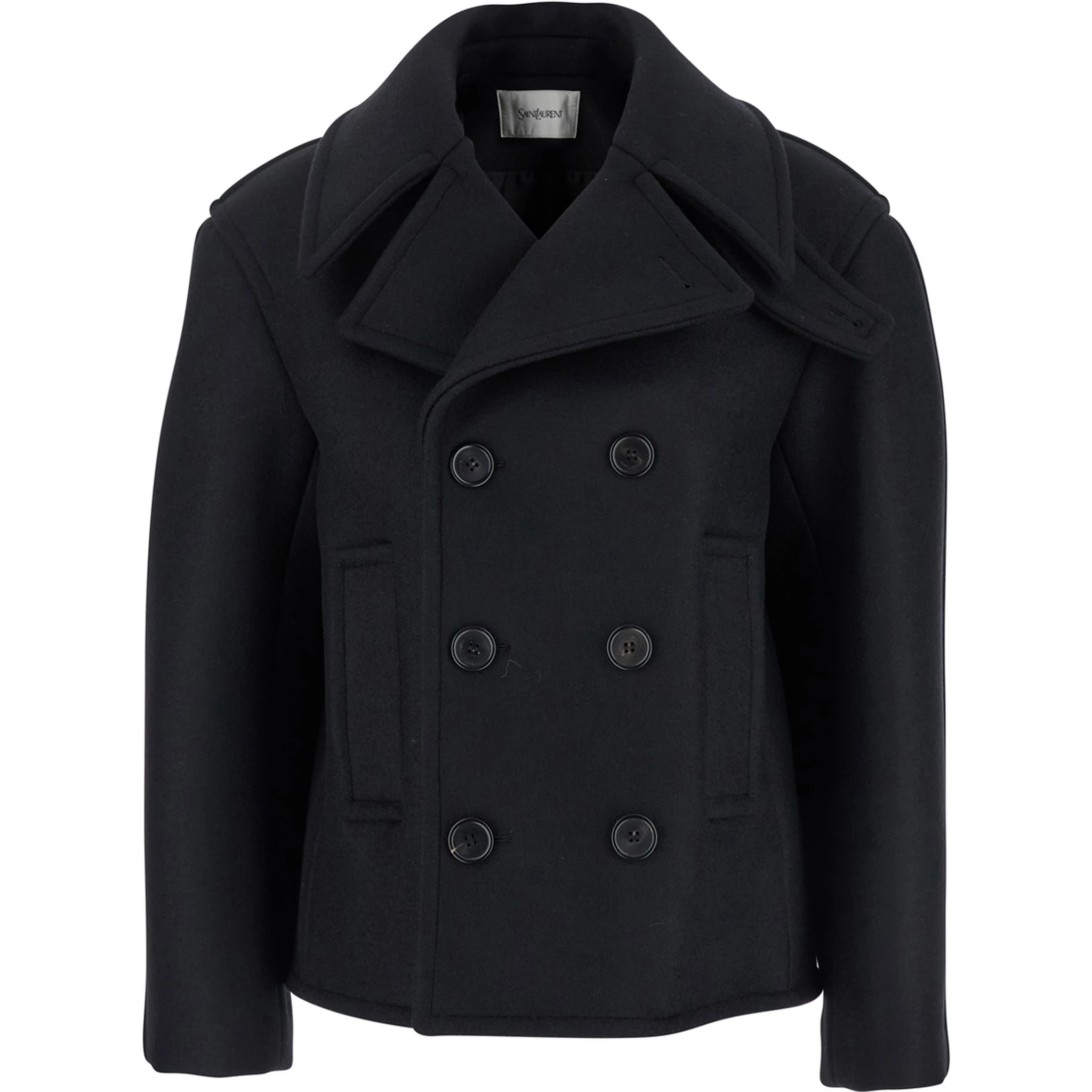 Black Double-Breasted Coat with Classic Wide Revers in Wool Woman