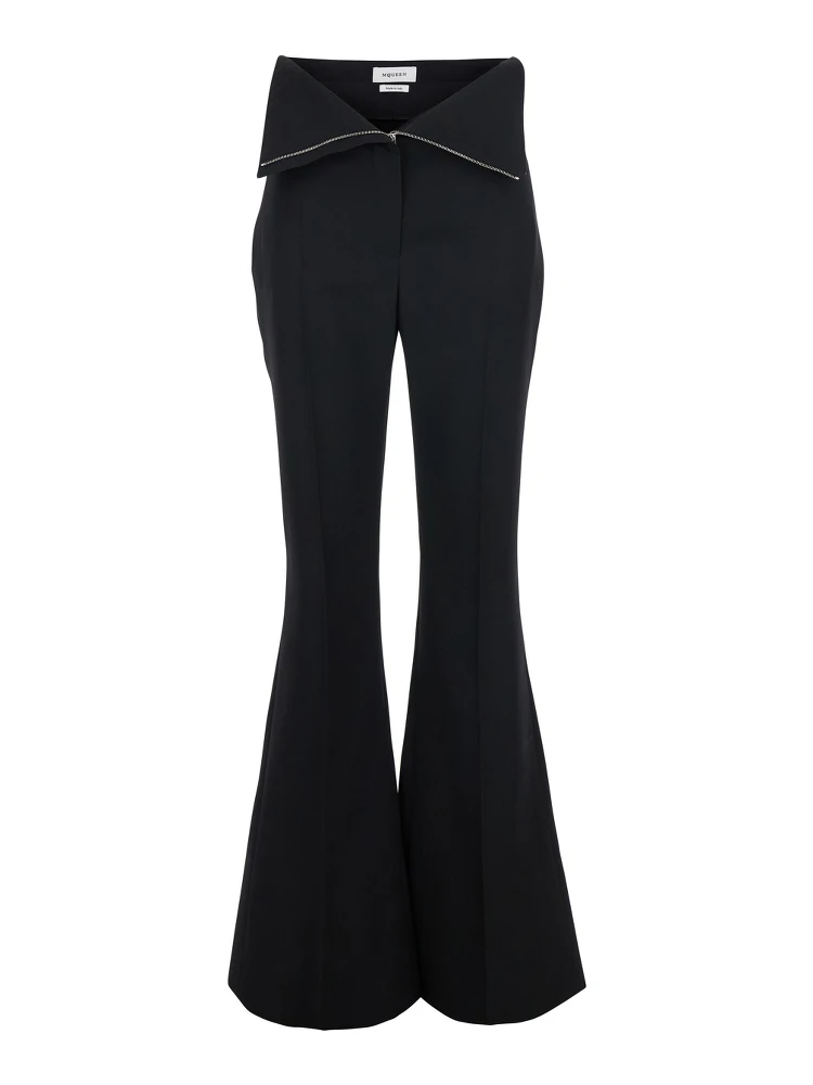 Black Flared Pants with Foldover Waist in Wool Woman