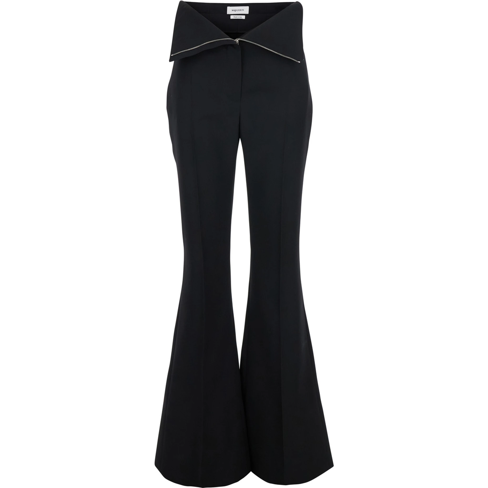 Black Flared Pants with Foldover Waist in Wool Woman