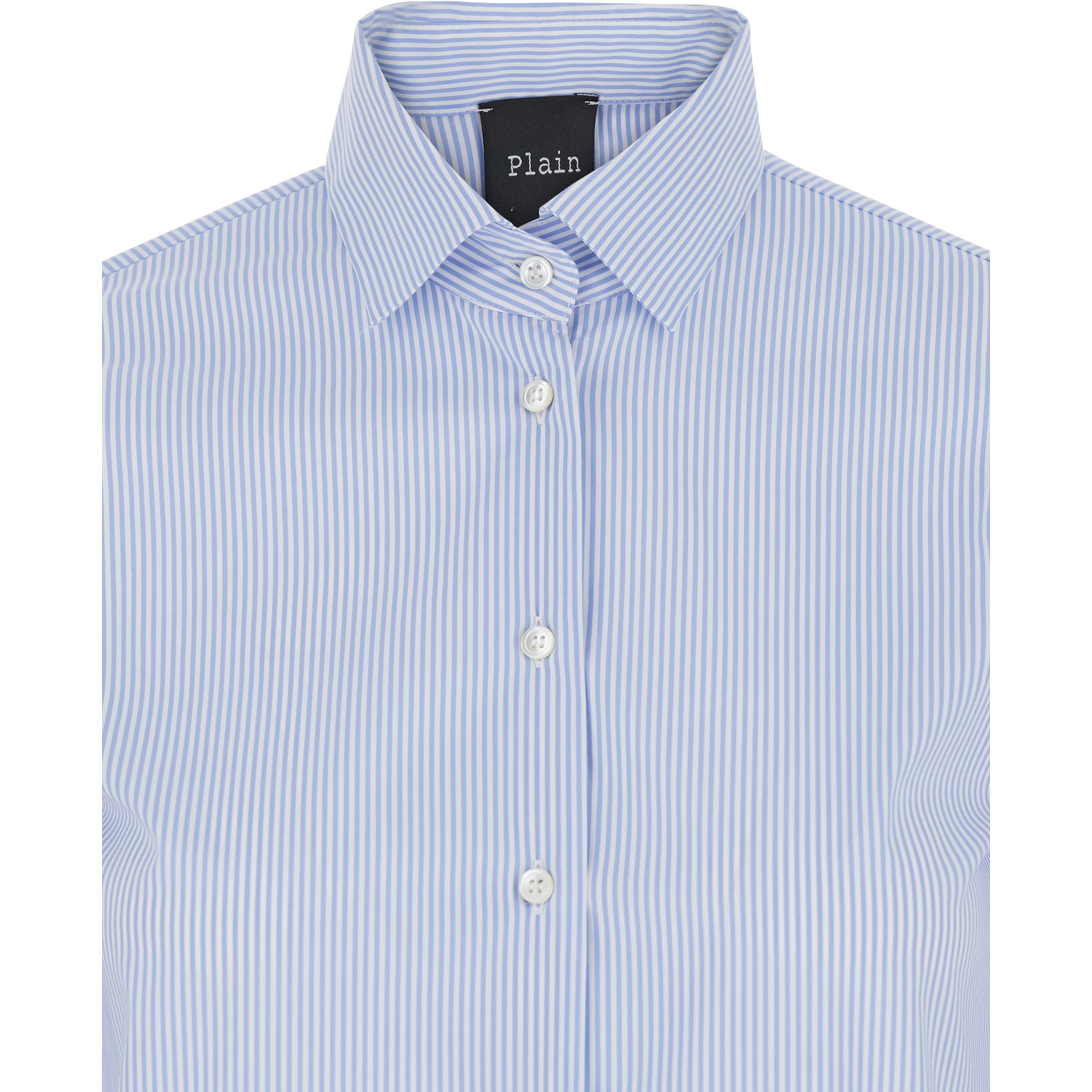 Light Blue Shirt with Classic Collar and Curved Hem in Cotton Woman
