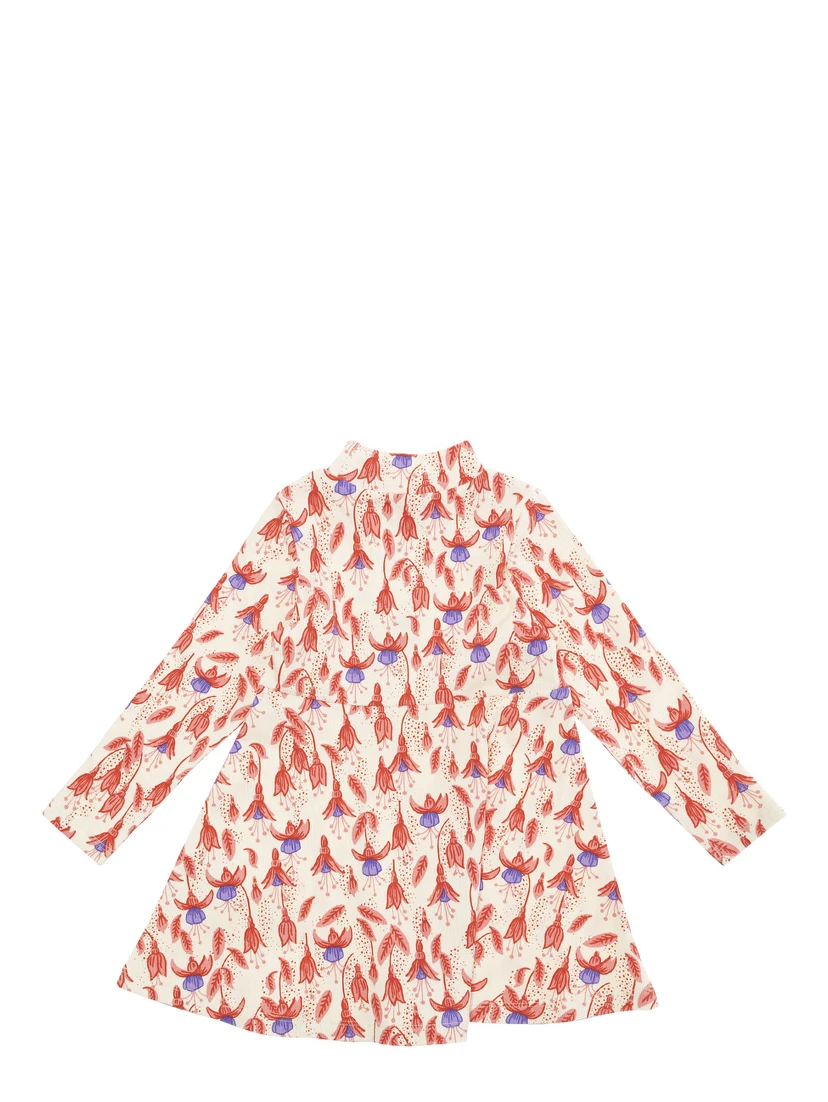 Red Dress with Round Neck and All-Over Floral Motif in Cotton Stretch Girl