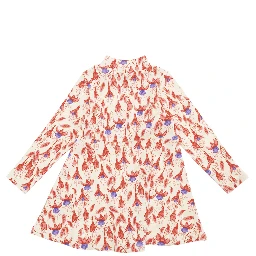 Red Dress with Round Neck and All-Over Floral Motif in Cotton Stretch Baby