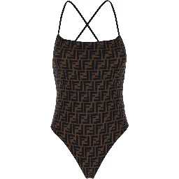 Brown One-Piece Swimsuit with FF and Stripe Motif in Stretch Fabric Woman