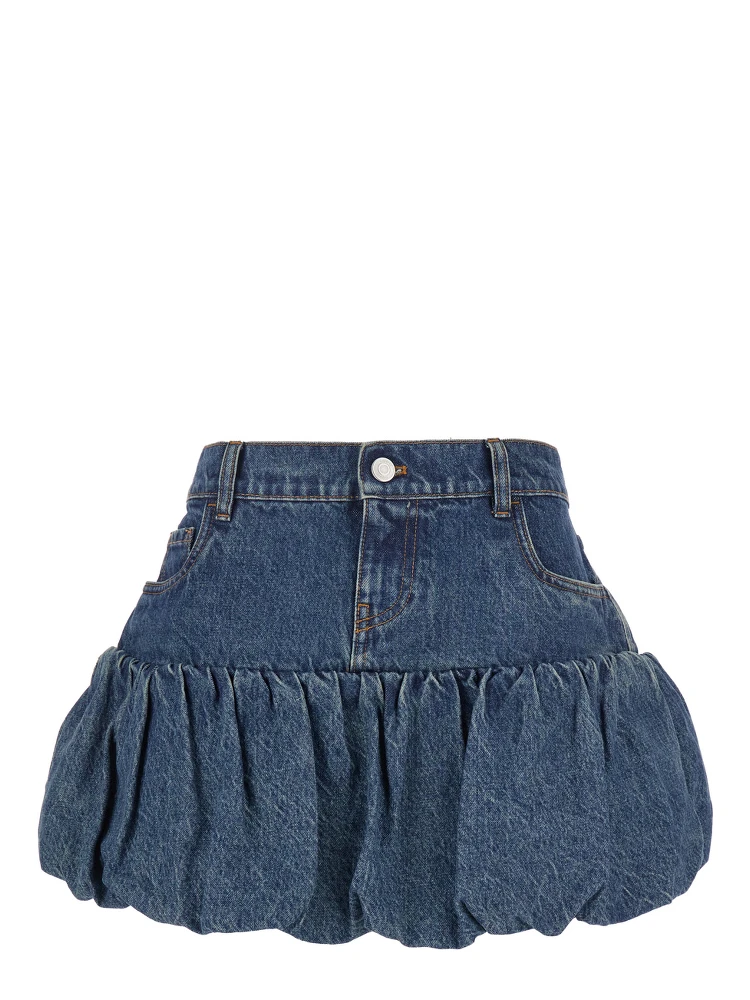 Blue Miniskirt with Logo Patch on the Rear and Gathered Hem in Denim Woman