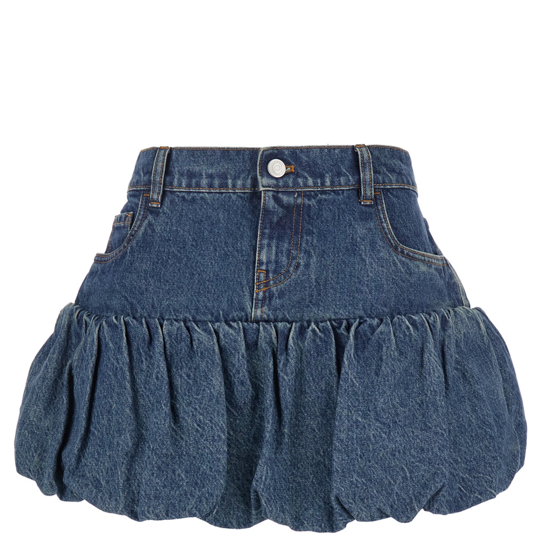 Blue Miniskirt with Logo Patch on the Rear and Gathered Hem in Denim Woman
