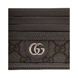 Grey Card Holder with Leather Trim and GG Motif in Fabric Man