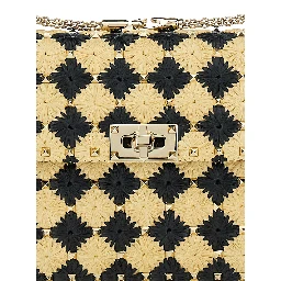 Beige Crossbody Bag with Rockstud Embellishment and Check Floral Motif in Tech Fabric Woman