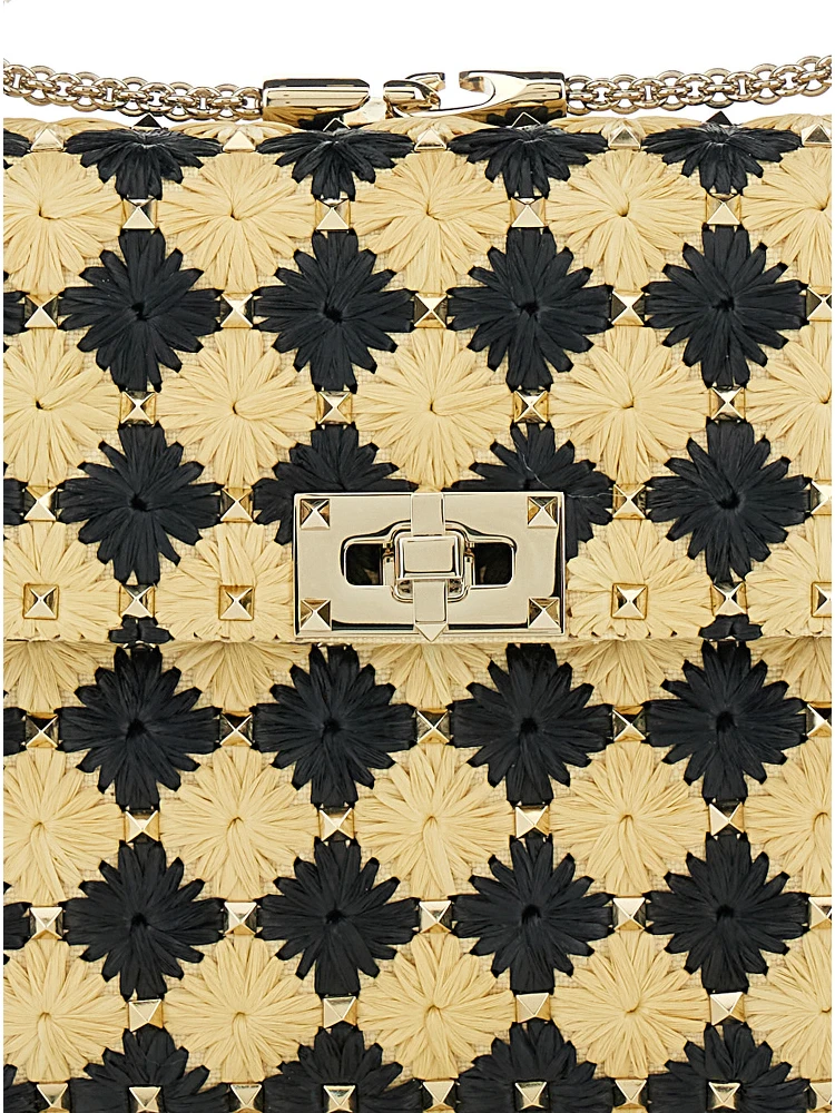 Beige Crossbody Bag with Rockstud Embellishment and Check Floral Motif in Tech Fabric Woman