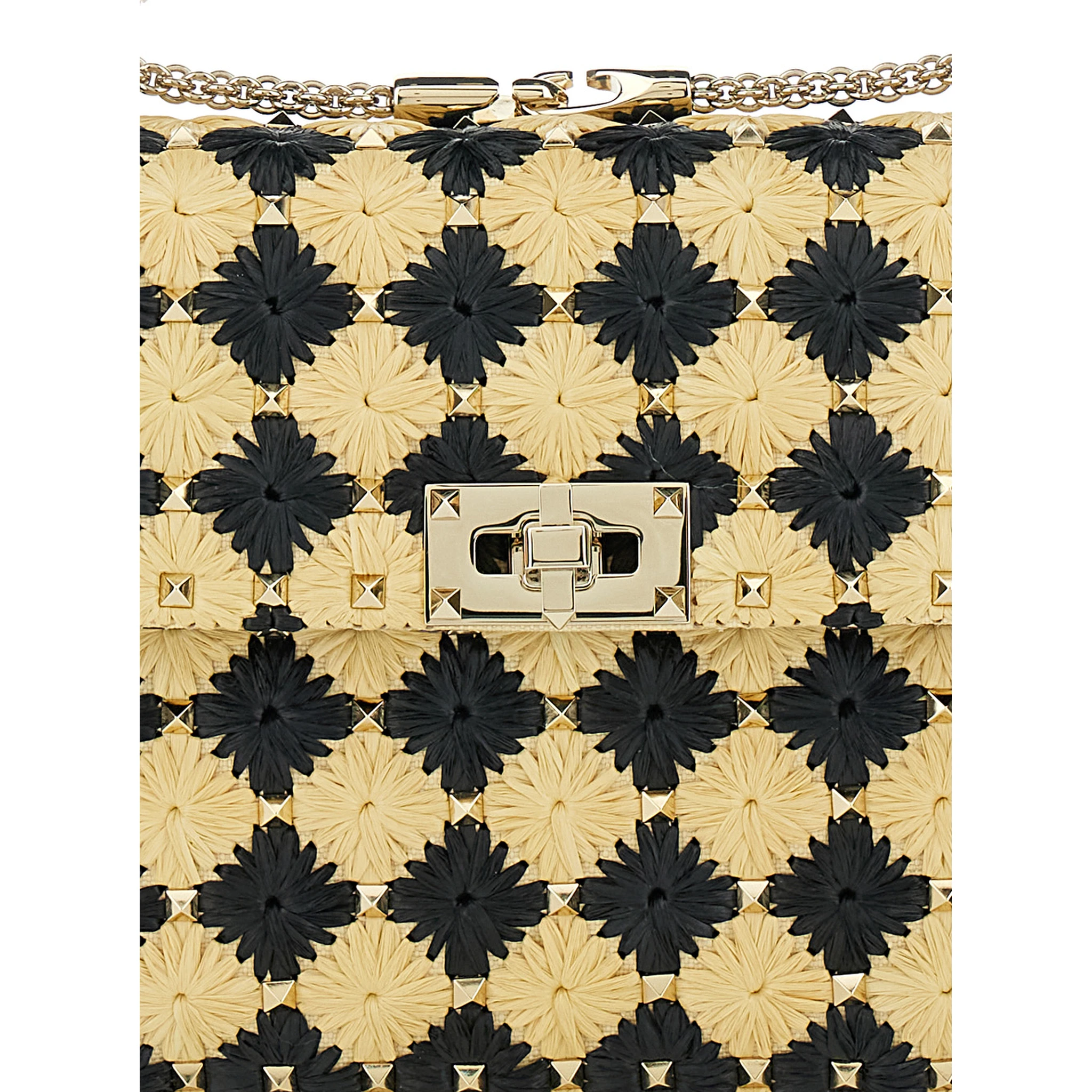 Beige Crossbody Bag with Rockstud Embellishment and Check Floral Motif in Tech Fabric Woman