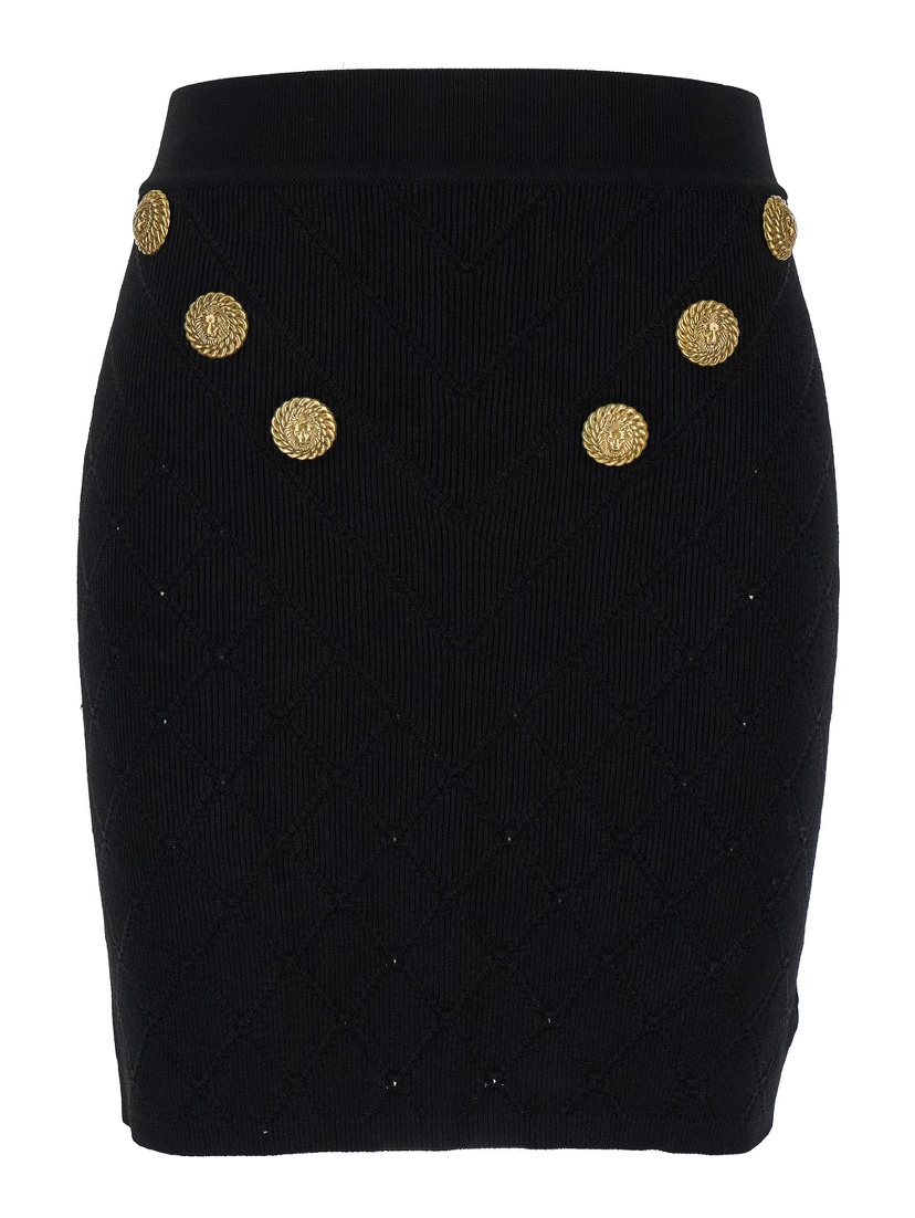 Black Short Skirt with Jewel Buttons in Viscose Blend Woman